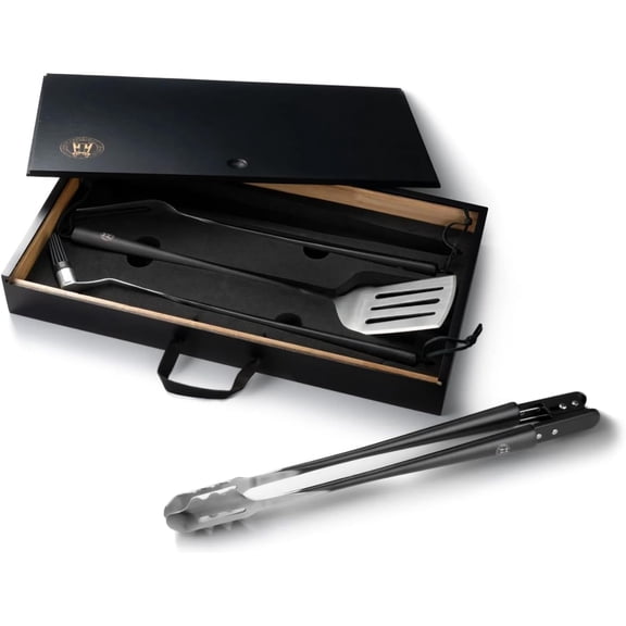 Schmidt Brothers - BBQ Carbon 6, 4-Piece Grilling Accessory Set, Full-Forged Stainless Steel Grilling Utensils Including Spatula, Fork, Basting Brush, and Tongs with All Wood Handles