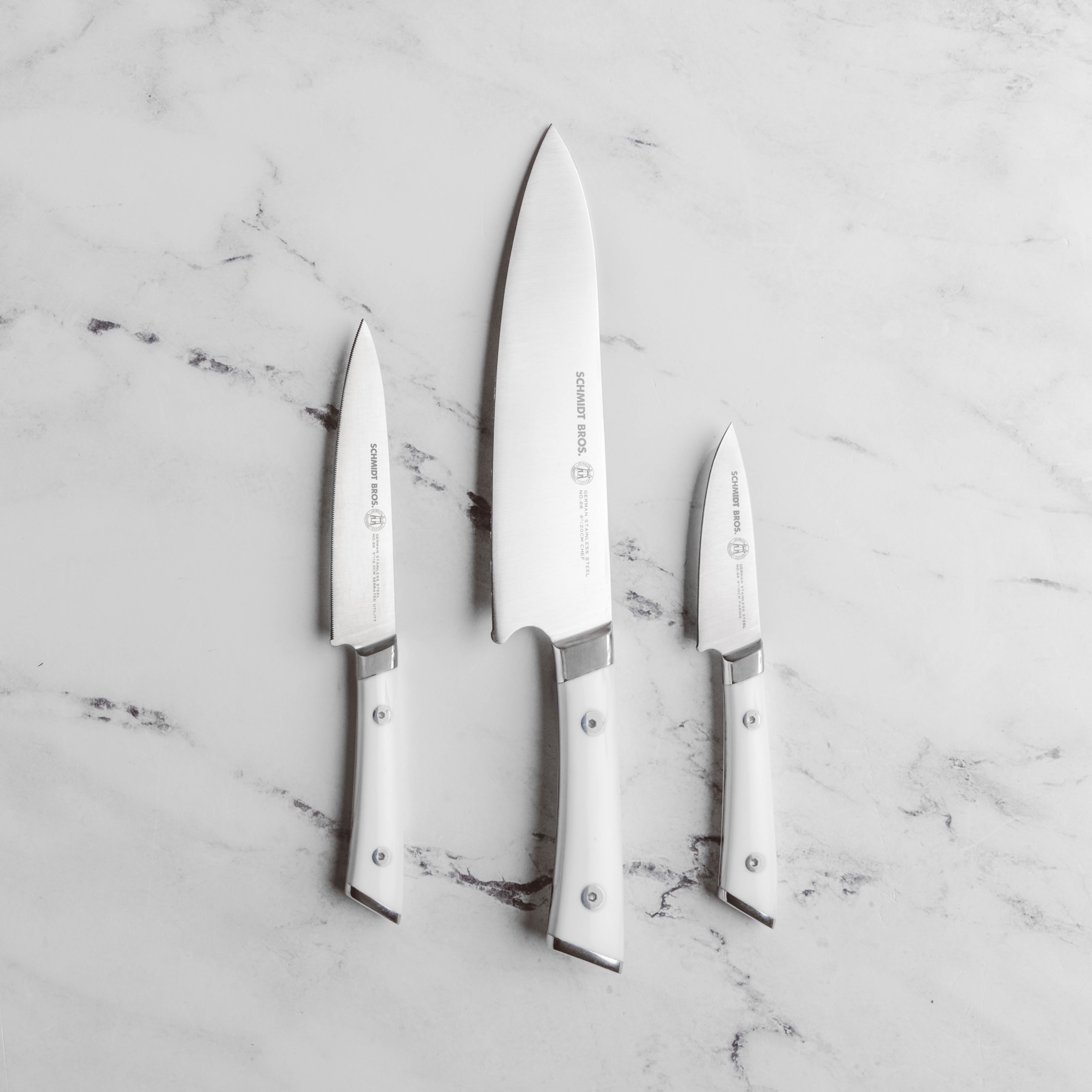 Schmidt Bros 3 Pc Forged Professional Chef Knife Set German Steel White  Handle