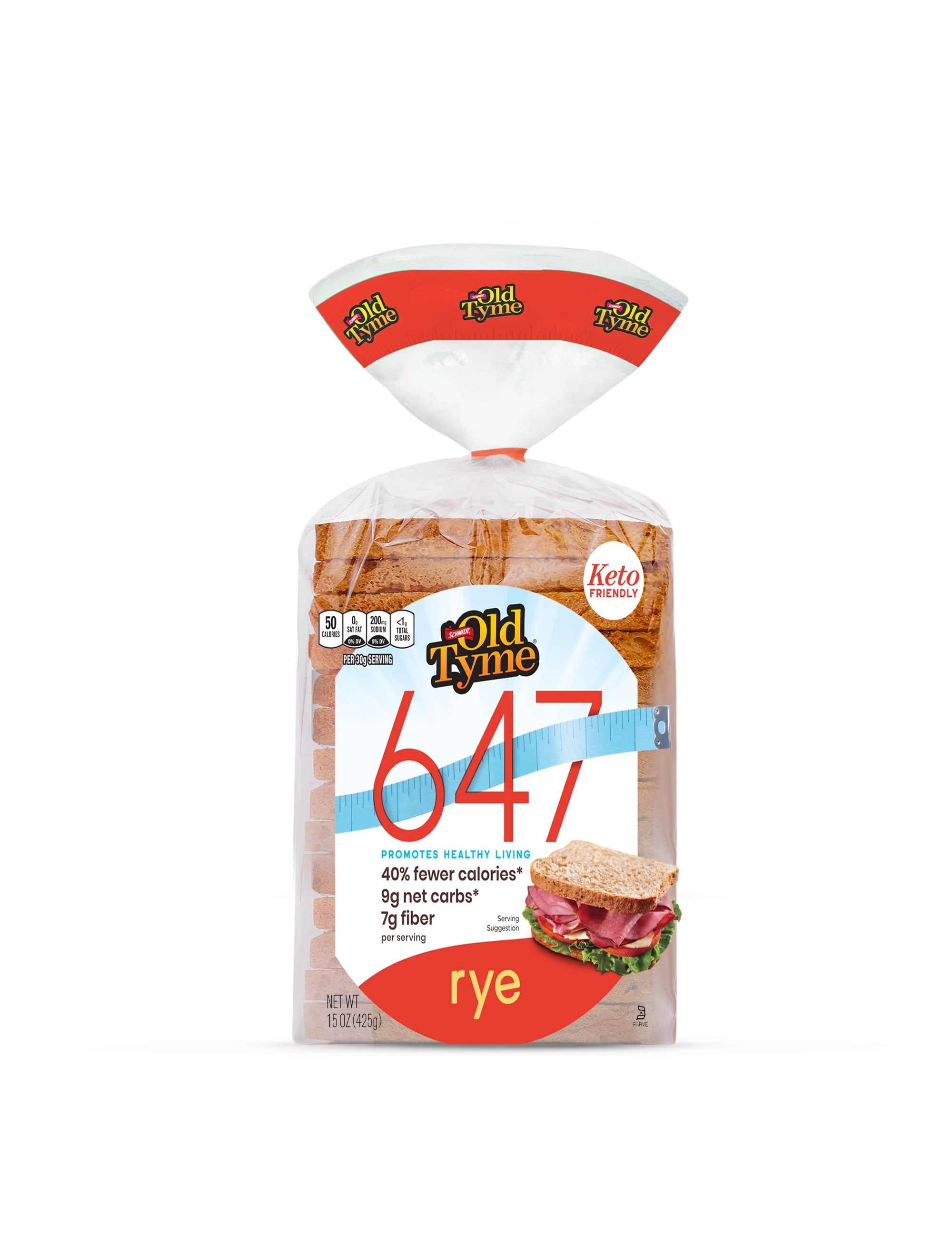 Schmidt Old Tyme 647 Rye Bread Loaf - Keto-Friendly, 9g Net Carbs, 40% Fewer Calories, 7g Fiber - 15 oz