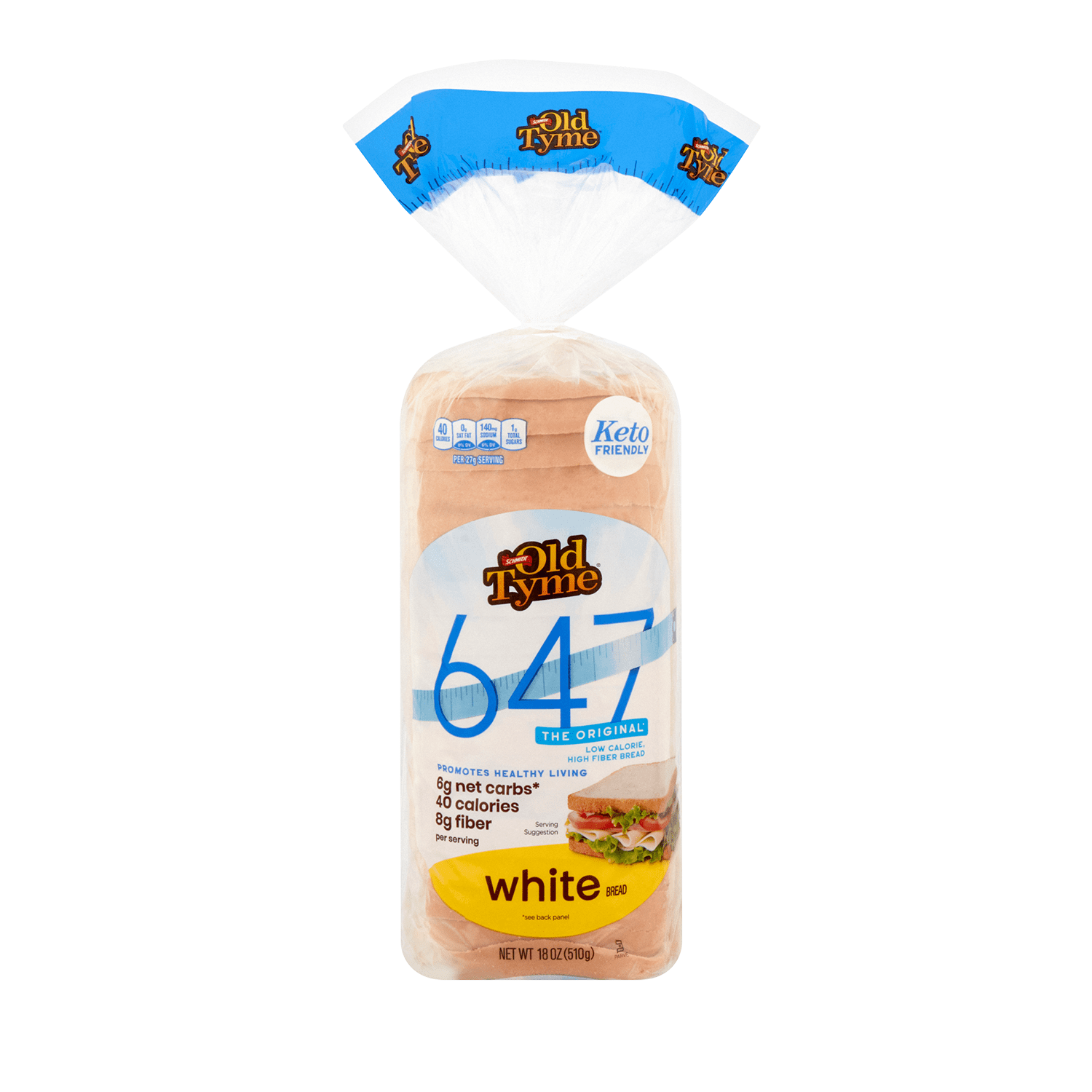 Schmidt Old Tyme 647 White Bread: Keto, 40 Cal, 8g Fiber, 6g Net Carbs, 18oz Loaf