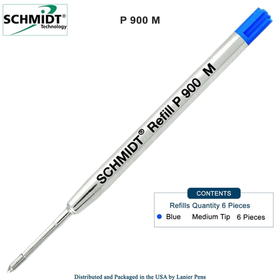 Schmidt P900 Blue 6-Pack M Parker-Style Ballpoint Refill, 0.7mm Medium Tip Refill (SC58136)