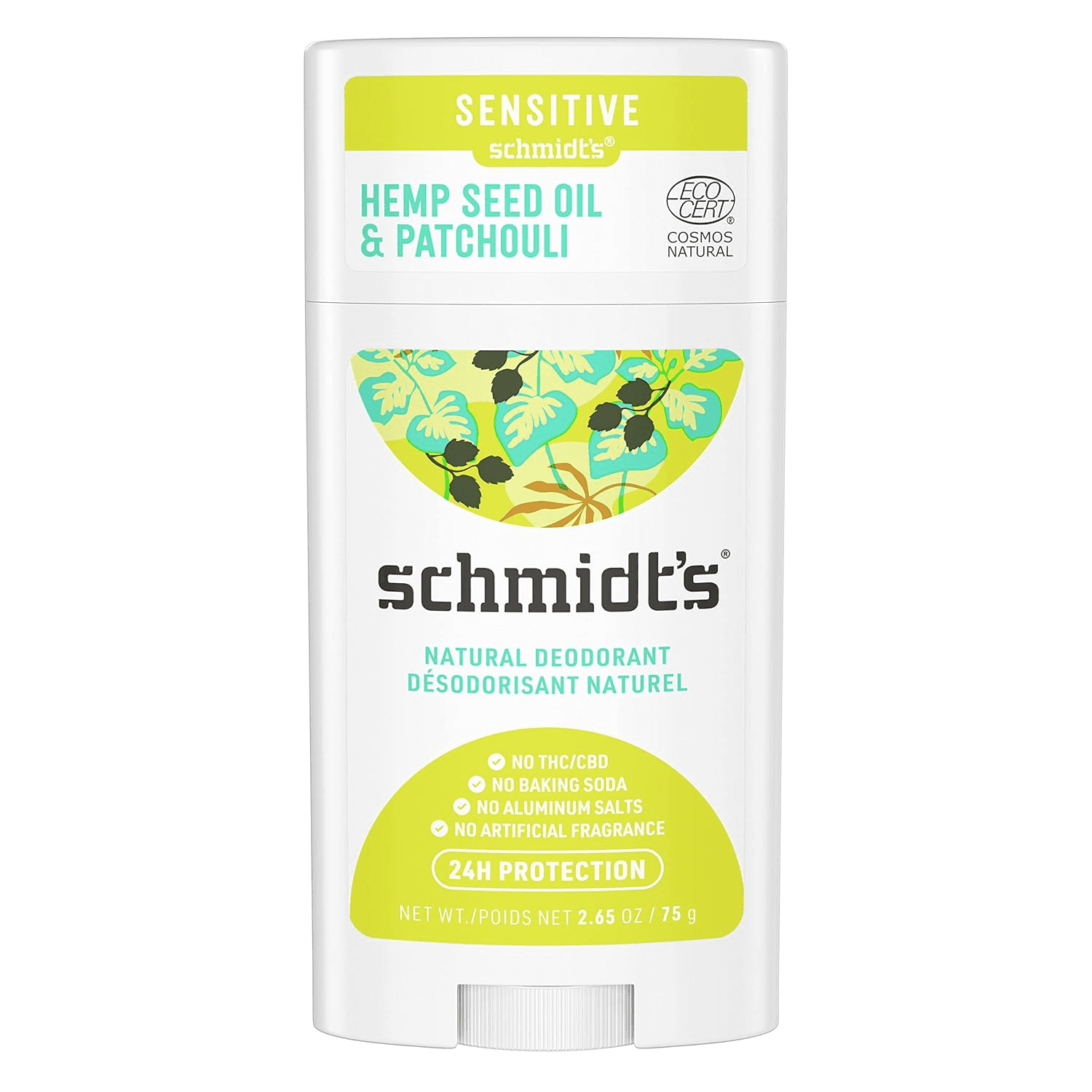 Sensitive Natural Deodorant with Hemp Seed Oil & Patchouli, Aluminum Free, 2.65 oz, Schmidt's, 24-Hour Odor Protection, No Baking Soda