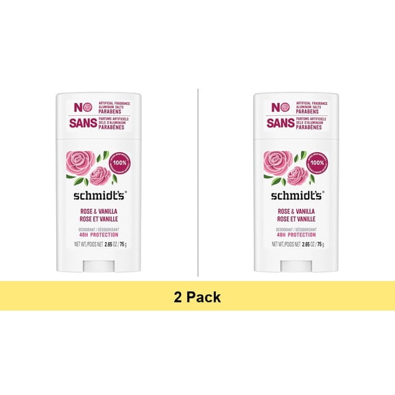 Schmidt's Rose & Vanilla 24 Hour Odor Protection Aluminum-Free Vegan Deodorant, 2.65 oz - 2 Pack