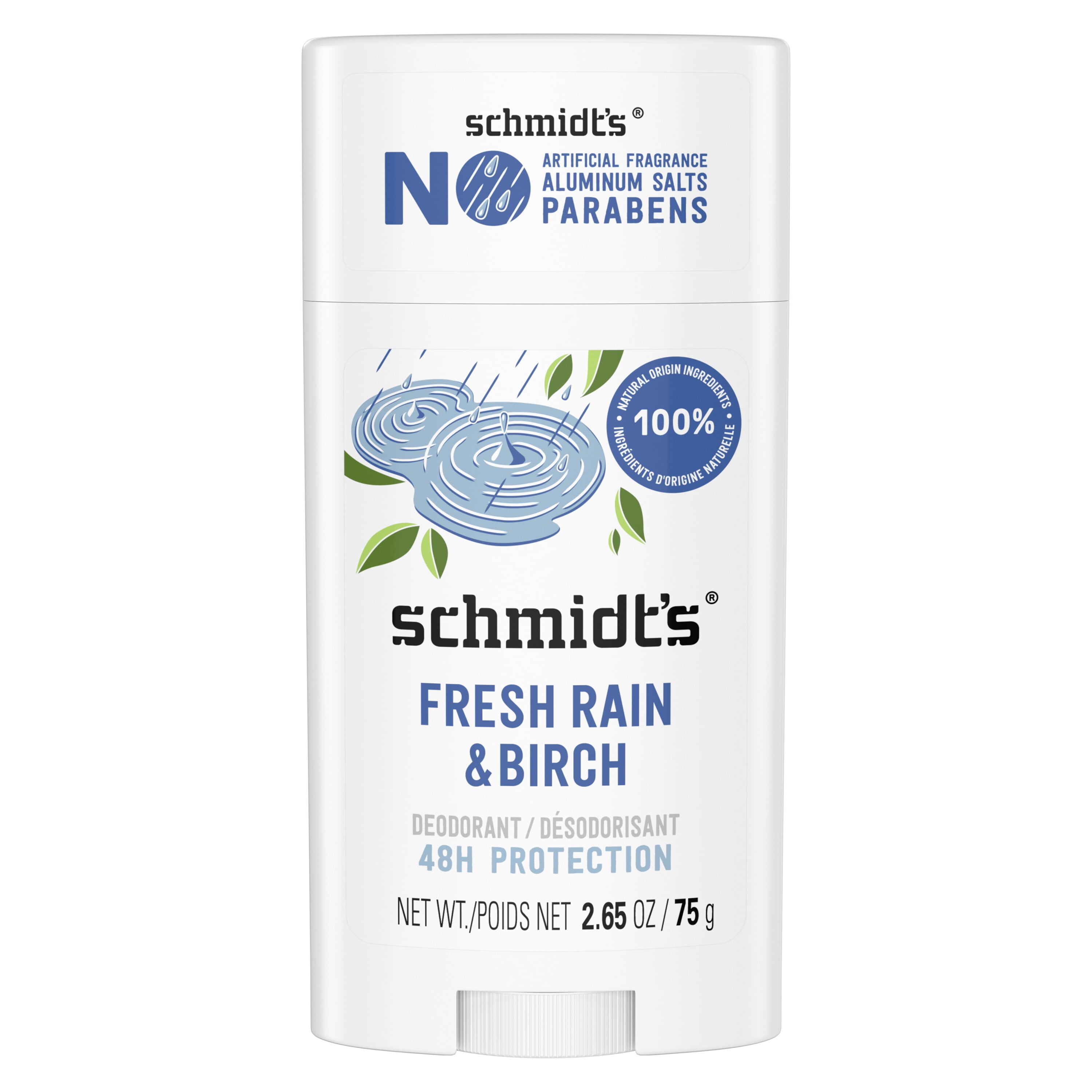 Schmidt's Women's and Men's Aluminum-Free Vegan Deodorant, Fresh Rain & Birch, 2.65 oz