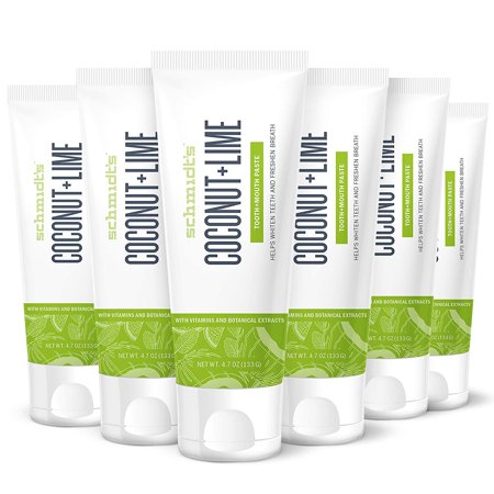 Schmidt's toothpaste With Vitamins and Botanical Extracts, Coconut + Lime, Helps Whiten Teeth, Fluoride Free 4.7 oz 6 Count