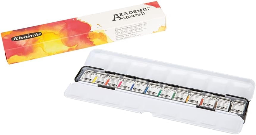 Schmincke - Akademie® Aquarell Slim, Compact Metal Box with 12 fine Watercolor Paints, 75769097, Painting Set, Travel Box, for Painting on The go, 12 x 1/2 Pans