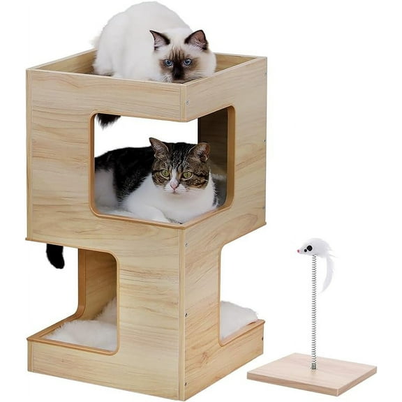 Schnappi 23.6'' Small Modern Indoor Wooden Cat Tree for Cats with Free Cat Toys, Scratching Mat and Removable Soft Pad,Beige