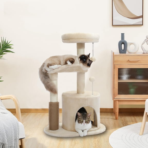 Schnappi 32.7" indoor cat tower with automatic grooming brush, hanging ball and sisal scratching post. For small to medium sized cats.