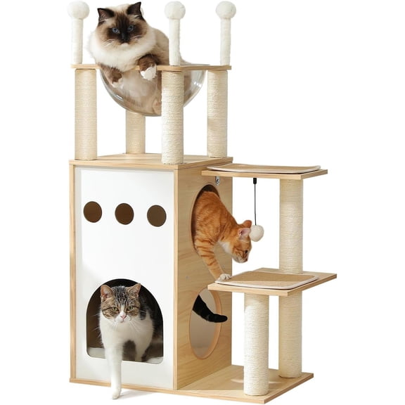 Schnappi 42.5" Wooden Cat Tower with Scratching Post Indoor Cat Tree for Large Cats, 2-Story Cat Condo, Sturdy Castle with Clear Bowl for Indoor Cats
