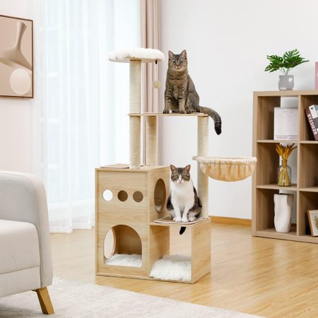 Schnappi 49.8" Wooden Cat Tree, Extra Tall Litter Box, Sturdy Castle, Indoor Cat Tree for Large Cats with Scratching Post for Kittens weighing 20 lbs.