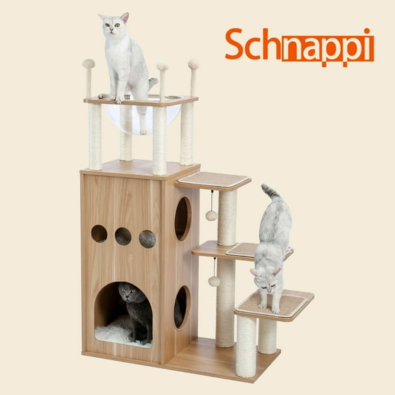 Schnappi 51" Wooden Cat Tree,Cat Tree with Scratch Post for for Indoor Big Cats,51" Extra Tall Cat Condo Sturdy Castle with Clear Bowl for Kittens Maine 20Lbs,Beige