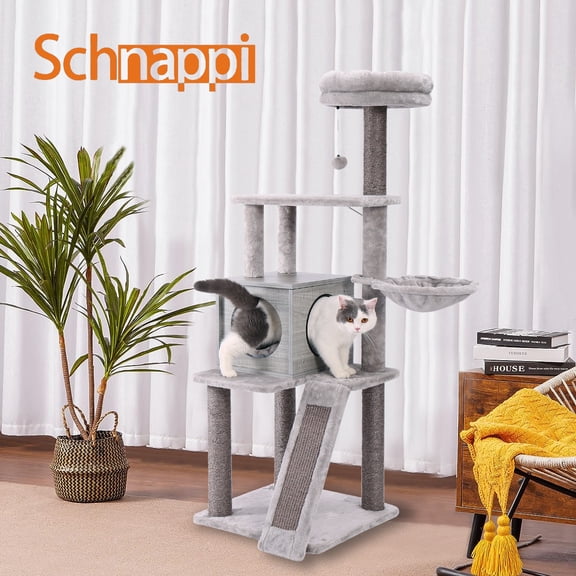 Schnappi 57.1" Cat Tree with Scratching Post, Multi-Level Platform, Cat House and Hammock, Gray