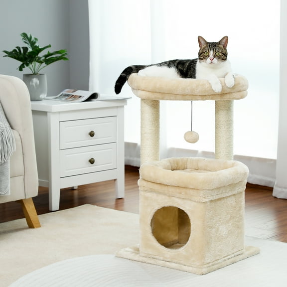 Schnappi Indoor Cat Tree Tower with Private Cozy Den, Natural Sisal Scratching Post and Plush Pom Pom for Small Cats, Beige