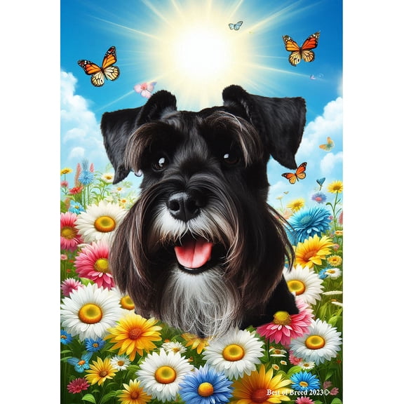 Schnauzer Black Uncropped - Best of Breed Summer Butterflies Outdoor House Flag 28" x 40" Mailbox Flag Dog Flag