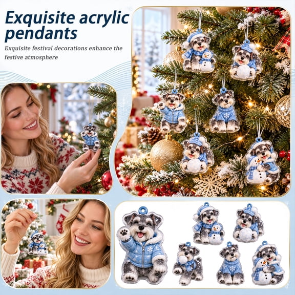 Schnauzer Christmas Ornaments Set 6 Pack Blue Winter Snowflake Themed Acrylic Hanging Decorations for Home Christmas Tree Holiday Gifting