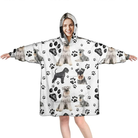 Schnauzer Dog and Footprints Wearable Oversized Blanket,Wearable Blanket Hoodie for Adults,Cozy Hooded Blankets with Super Pockets,Super Warm Fuzzy Pullover for Women & Men