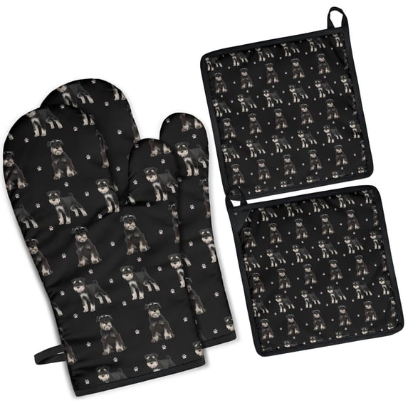 Schnauzer Dog Kitchen Oven Mitt and Pot Holder Sets 4 Pcs for Baking, Cooking and Grilling, Heat Resistant Up To 392 °F