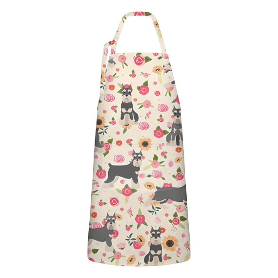 Schnauzer Dog and Pioneer Flower Apron-Garden Aprons for Women with Pockets-Cotton Linen Waterproof Kitchen Cooking Gardening Aprons Adjustable for Kitchen,Cooking,BBQ and Salon 33x27 Inch