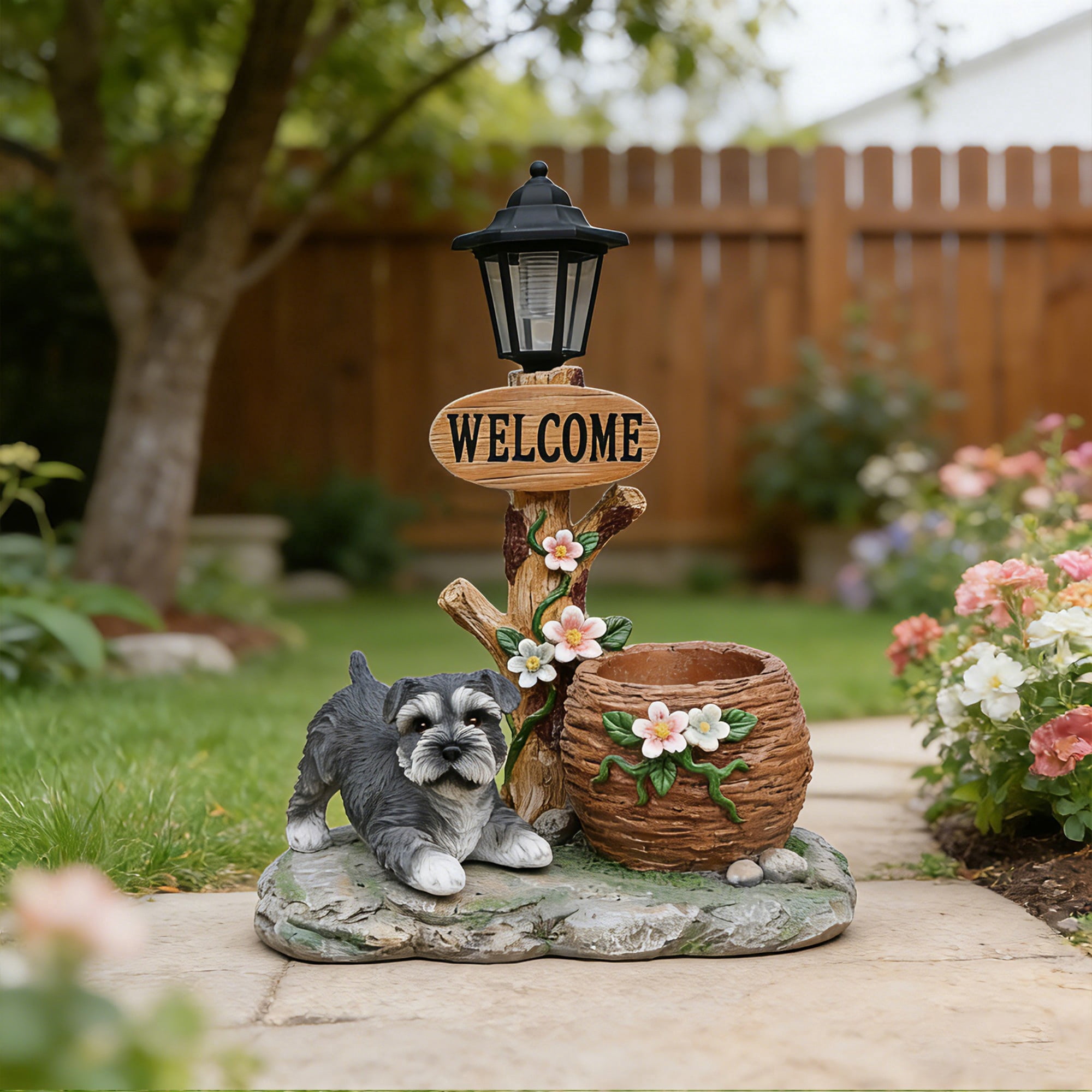 Schnauzer Dog Solar Planter Statue with LED Light, Brown Resin Flower Pot Decor, Garden Yard Patio Outdoor