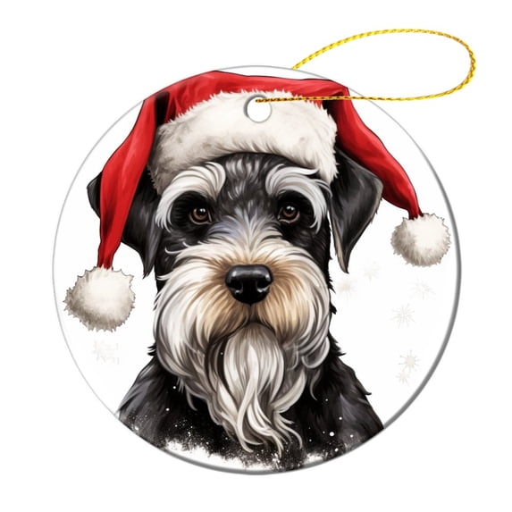 Schnauzer Dog Wear Santa Hat Christmas Ceramic Ornament Cute Unique Puppy Two Sides Printed Christmas Ornaments Keepsake Funny Christmas Hanging Tree Decor Ornament for Family Friend