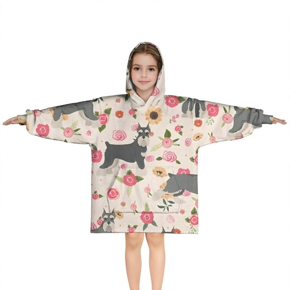 Schnauzer Dog and Flower Floral Blanket Hoodies for Kids 6-13YR Oversize Wearable Blanket Hoodies for Boys Girls Teens