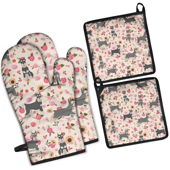 Schnauzer Dog and Flower Floral Kitchen Oven Mitt and Pot Holder Sets 4 Pcs for Baking, Cooking and Grilling, Heat Resistant Up To 392 °F