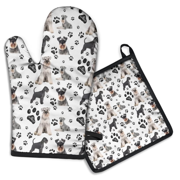 Schnauzer Dog and Footprints Kitchen Oven Mitt and Pot Holder Sets 2 Pcs for Baking, Cooking and Grilling, Heat Resistant Up To 392 °F