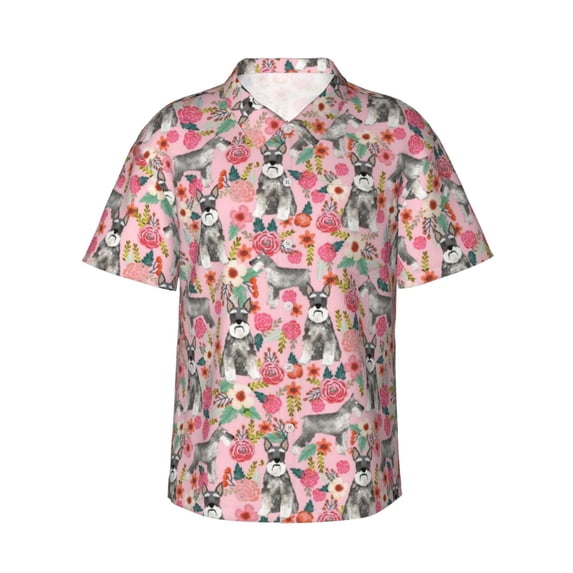 Schnauzer Dogs Flower Floral Men'S 3d Print Casual Button Down Shirts, Novelty Hawaiian Short Sleeves 2xl