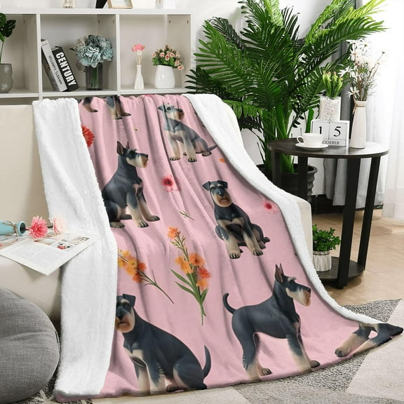 Schnauzer Dogs and Flowers Blanket,Comfortable Soft Flannel Throw Blanket,All Season,Warm Lightweight Blankets for Sofa Bed Couch Living Room Chair,50"x60"(130x150cm)