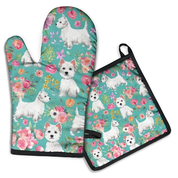 Schnauzer Dogs Kitchen Oven Mitt and Pot Holder Sets 2 Pcs for Baking, Cooking and Grilling, Heat Resistant Up To 392 °F