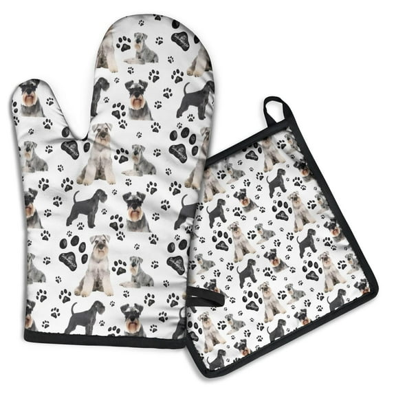 Schnauzer Dogs with Paw Kitchen Oven Mitt and Pot Holder Sets 2 Pcs for Baking, Cooking and Grilling, Heat Resistant Up To 392 °F