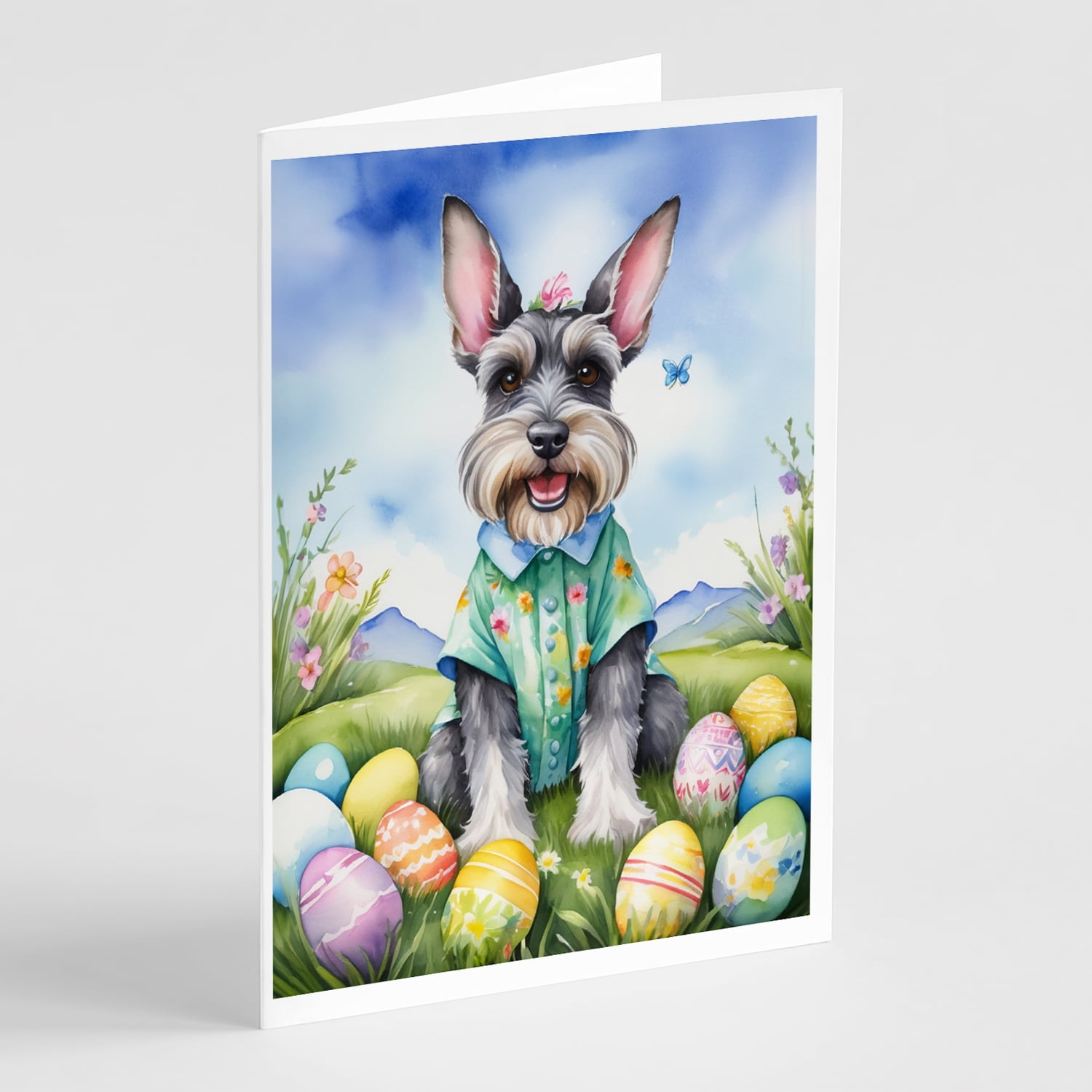 Schnauzer Easter Egg Hunt Greeting Cards Pack of 8 7 in x 5 in