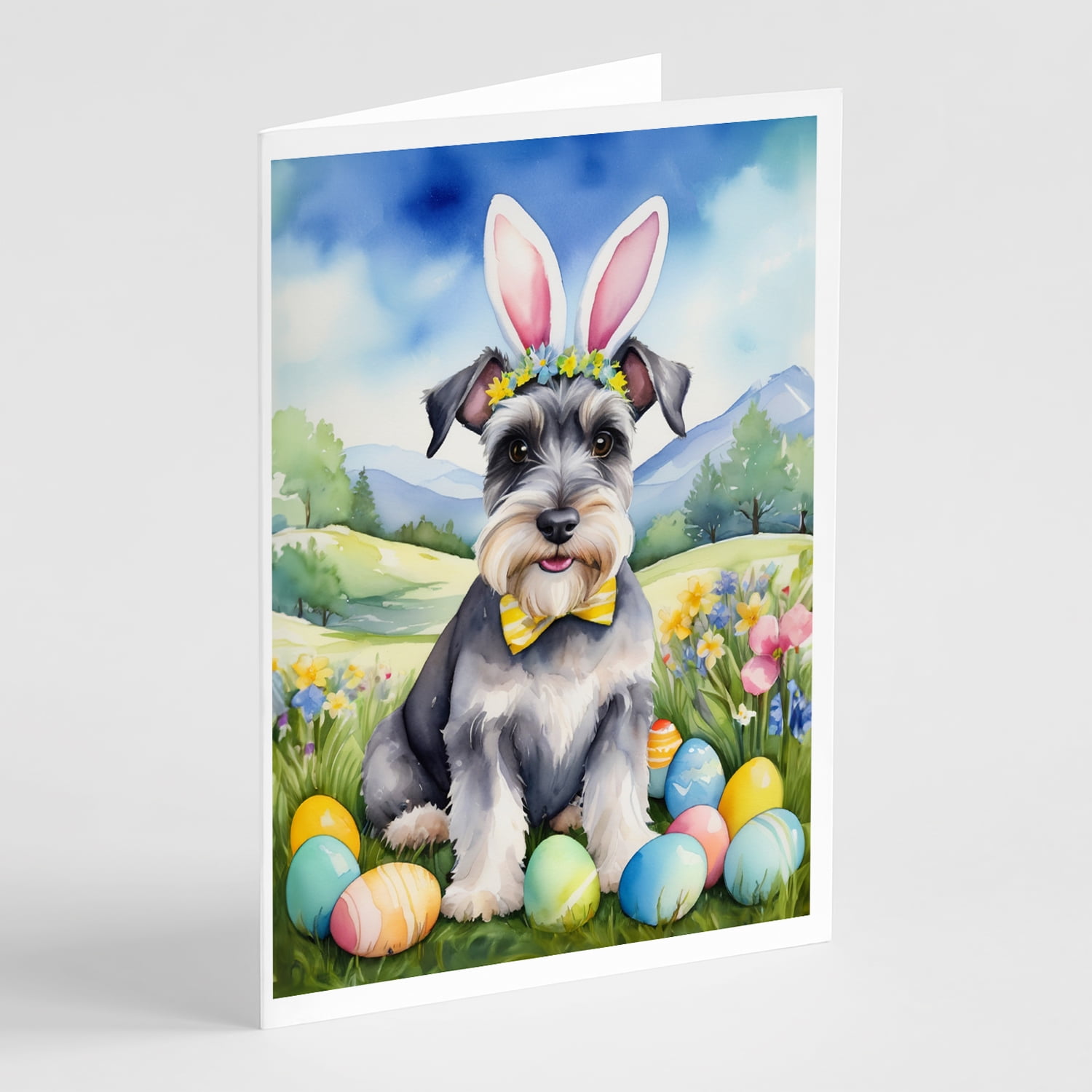 Schnauzer Easter Egg Hunt Greeting Cards Pack of 8 7 in x 5 in