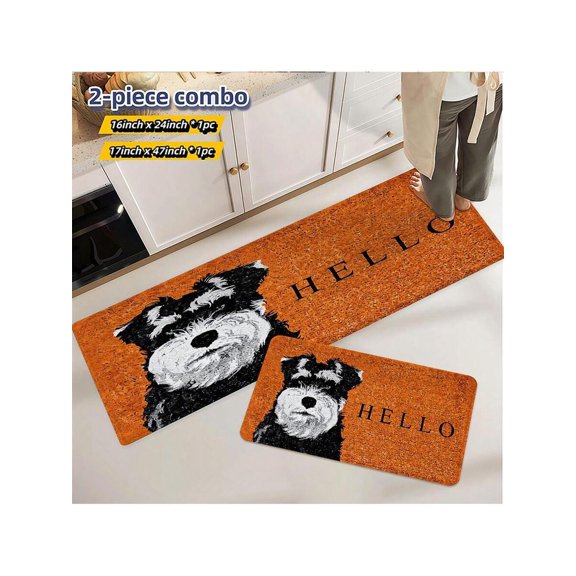 Schnauzer Face Hello Welcome Mat Set - Orange 40x60+45x120cm Non-Slip Indoor Kitchen & Entryway Mats