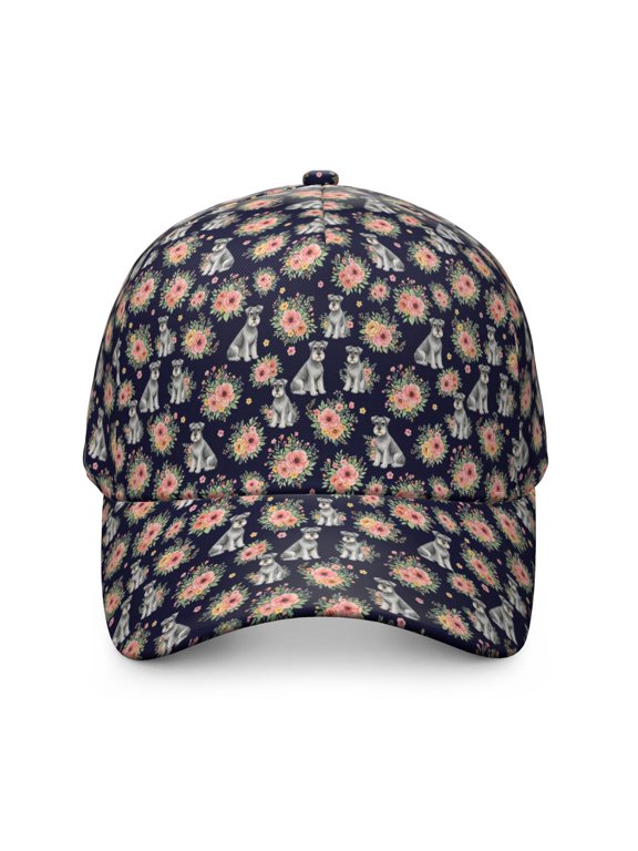 Schnauzer and Floral Black Pattern Baseball Cap, Sports Sun Cap with Snap Closure & Sweatband, Breathable Eyelets Gifts for Birthday Christmas Thanksgiving