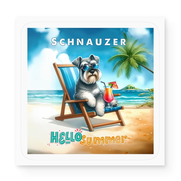 Schnauzer Hello Summer Beach Theme with Sunglasses and Tropical Cocktail Vinyl Sticker Miniature Schnauzer Dog Lover Waterproof Decal Art Decor - 00009