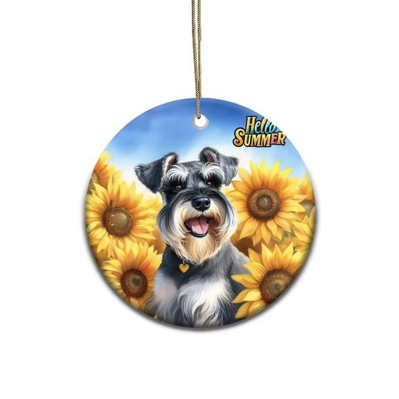 Schnauzer Hello Summer Sunshine Sunflowers Spring Retro Vintage Ceramic Round Ornament Miniature Schnauzer Dog Lover Home Tree Decor - 00008