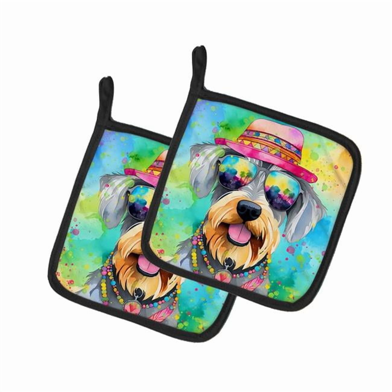 Schnauzer Hippie Dawg Pair of Pot Holders 7.5 in x 7.5 in