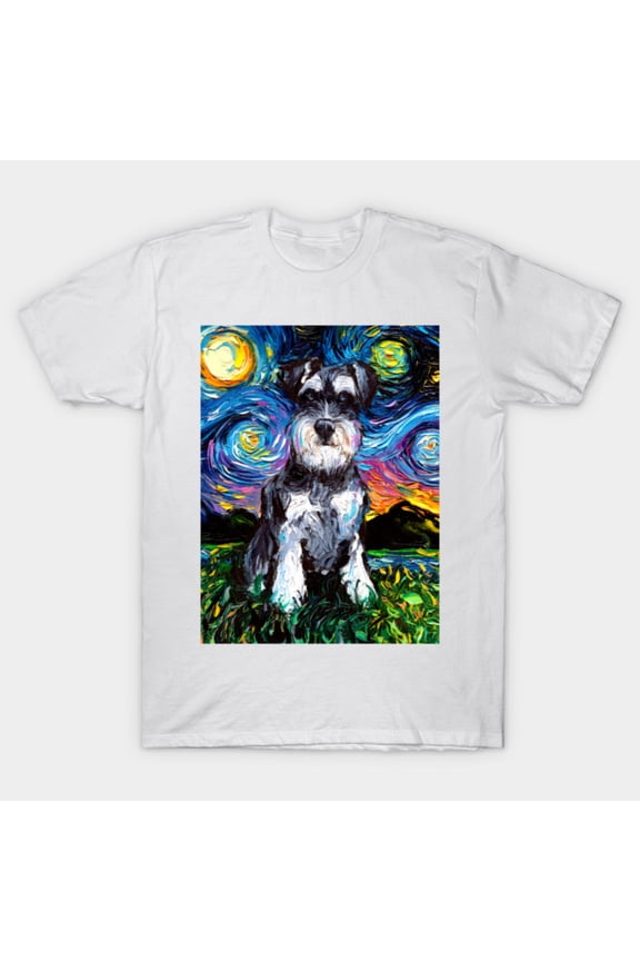 Schnauzer Night Starry Sky Oil Painting Cute Miniature Pet Unisex T-Shirt, for men & women, up to size 5XL