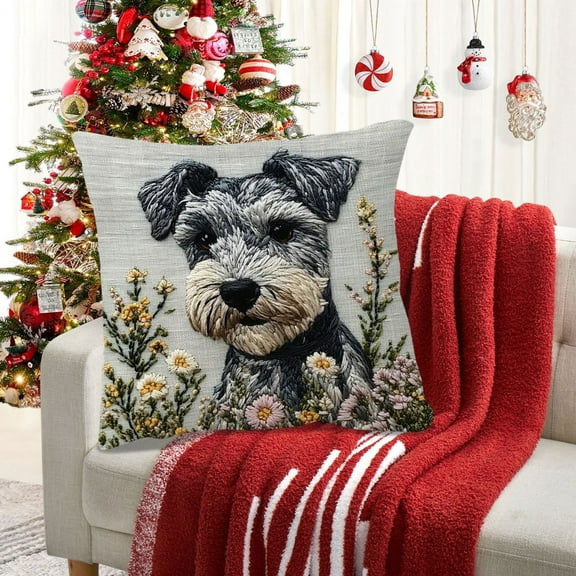 ​Schnauzer Pillow Cover Printed with Floral Decor, Realistic Dog Portrait with Wildflowers, Gray Background, Soft Decorative Throw Pillow for Pet Lovers Multicolor