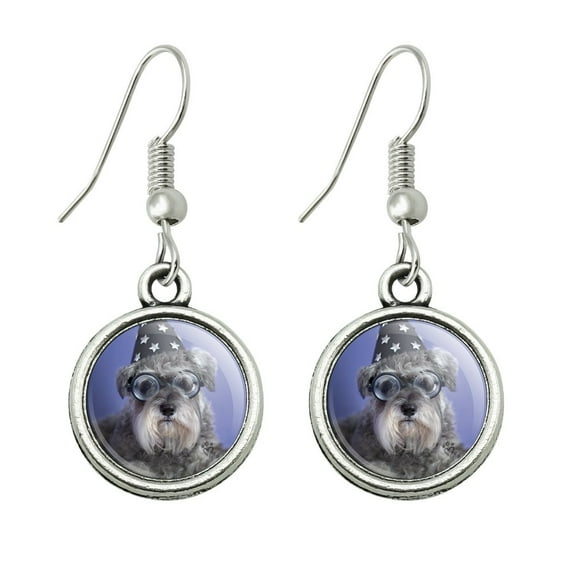 Schnauzer Puppy Dog Wizard Glasses Spell Book Novelty Dangling Drop Charm Earrings