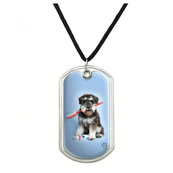 Schnauzer Puppy Dog with Toothbrush Dentist Military Dog Tag Pendant Necklace with Cord
