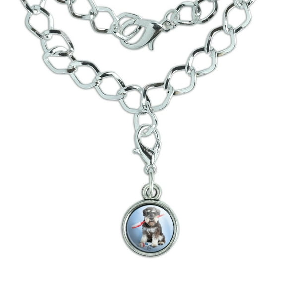 Schnauzer Puppy Dog with Toothbrush Dentist Silver Plated Bracelet with Antiqued Charm