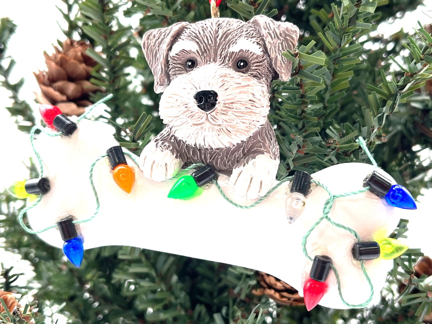 Schnauzer Puppy with Christmas Lights Resin Ornament