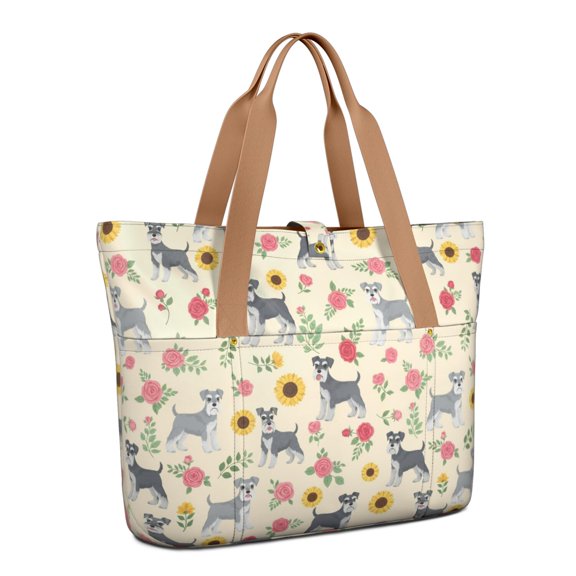 Schnauzer and Roses Cream Pattern Large Tote Bag for Women, Polyester Roomy Beach Bag with Pockets and Zipper, Water Resistant Gifts Ideas for Women Men