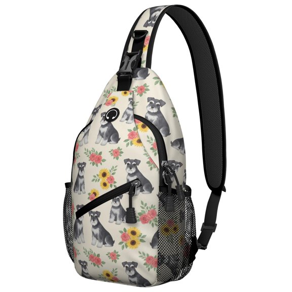 Schnauzer and Sunflowers Cream Sling Backpack, Unisex Daily Travel Sling Pack with Side Mesh Pockets, Breathable Padded Back Gift Ideas for Travel Shopping Commuting