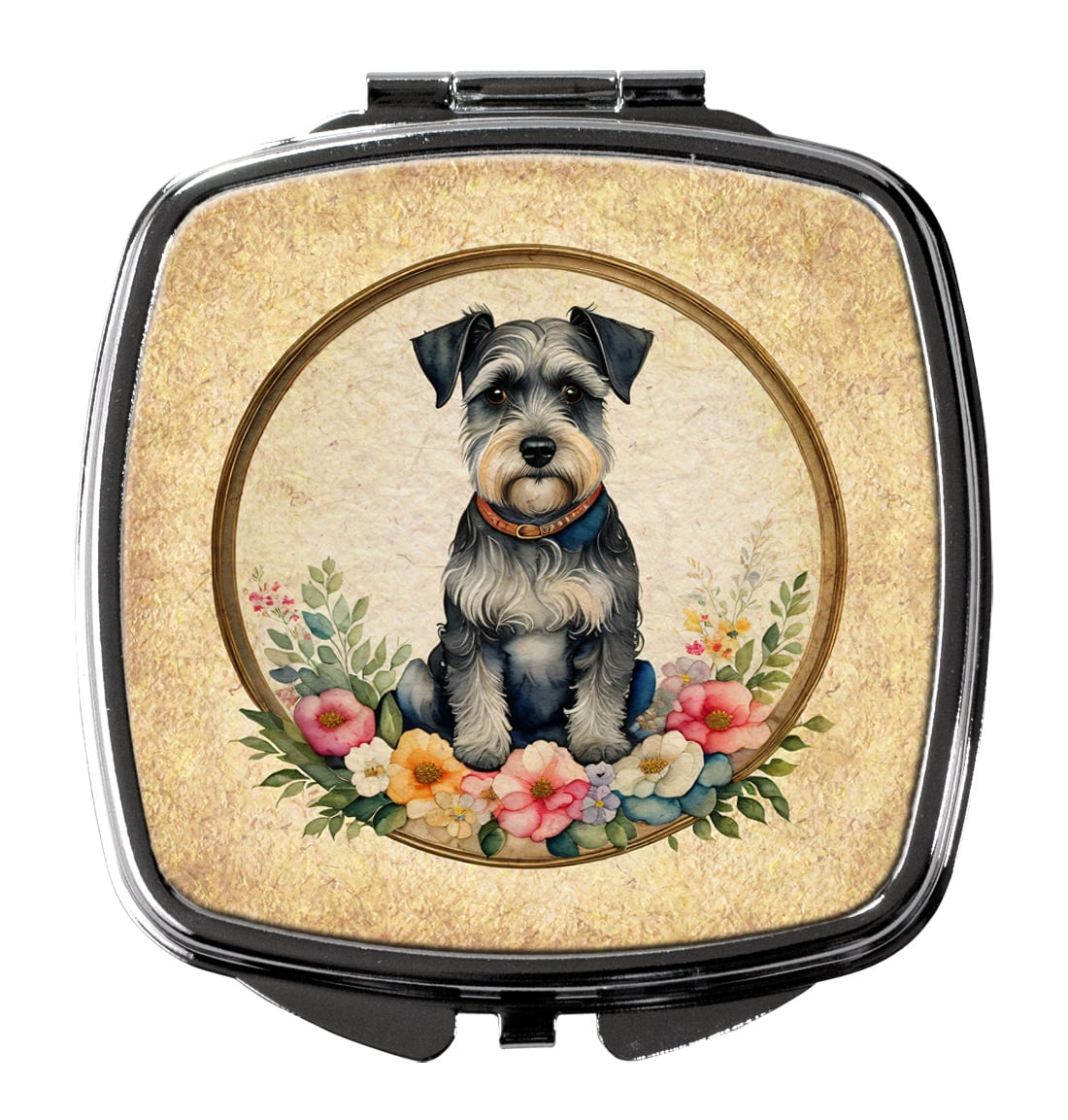 Schnauzer and Flowers Compact Mirror 2.75 in x 3 in
