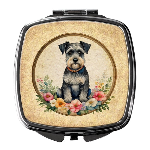 Schnauzer and Flowers Compact Mirror 2.75 in x 3 in