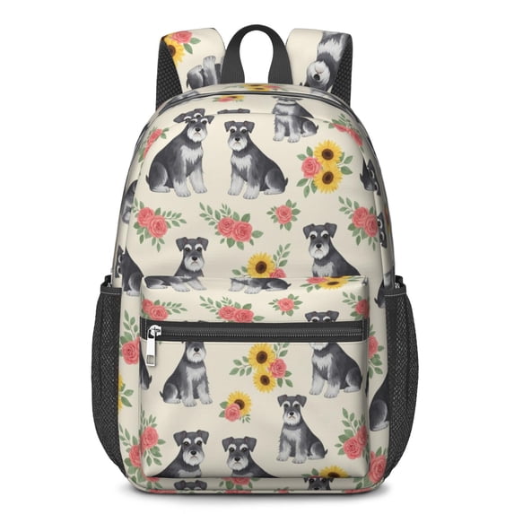 Schnauzer and Sunflowers Cream 17" School Backpacks for Teens,Waterproof Oxford Fabric,S-Shape Padded Straps for School,Travel,Hiking,Camping