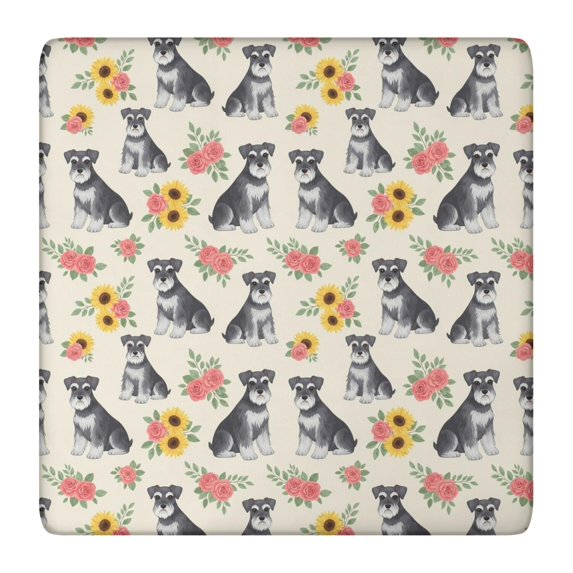 Schnauzer and Sunflowers Cream Square Fitted Tablecloth with Elastic Edge, Washable Table Cover for Home Kitchen Party and Daily Decor 36in(91cm)